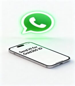 gold365 login process Smartphone showing message ‘Send Hi for Gold365 ID’ with WhatsApp icon above it, illustrating the via WhatsApp.