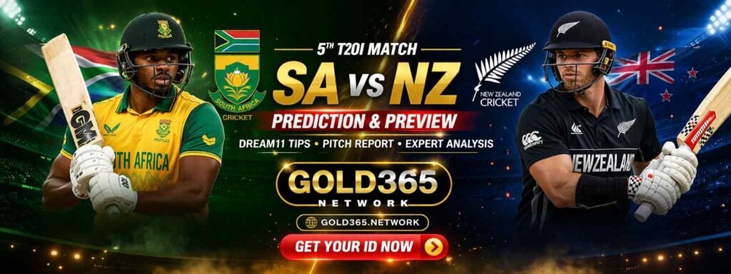 SA vs NZ Prediction 5th T20I banner featuring New Zealand vs South Africa match preview, Dream11 tips and Gold365 Network