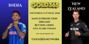 India vs New Zealand Final T20 World Cup 2026 banner showing match prediction Dream11 analysis and Gold365 betting guide with team India and New Zealand flags