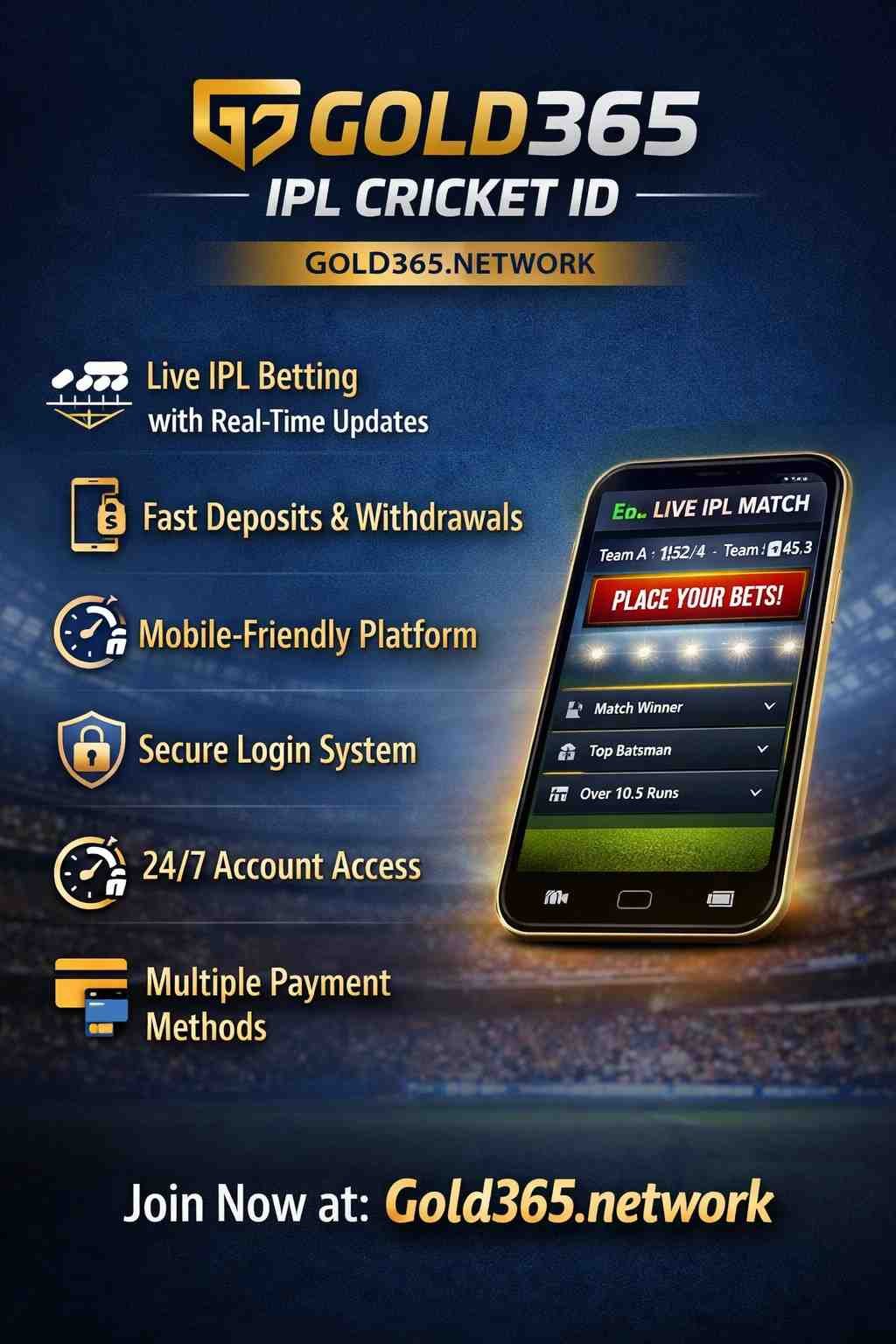 IPL Cricket ID features by Gold365 including live IPL betting, fast deposits, secure login, and mobile-friendly platform at Gold365.network