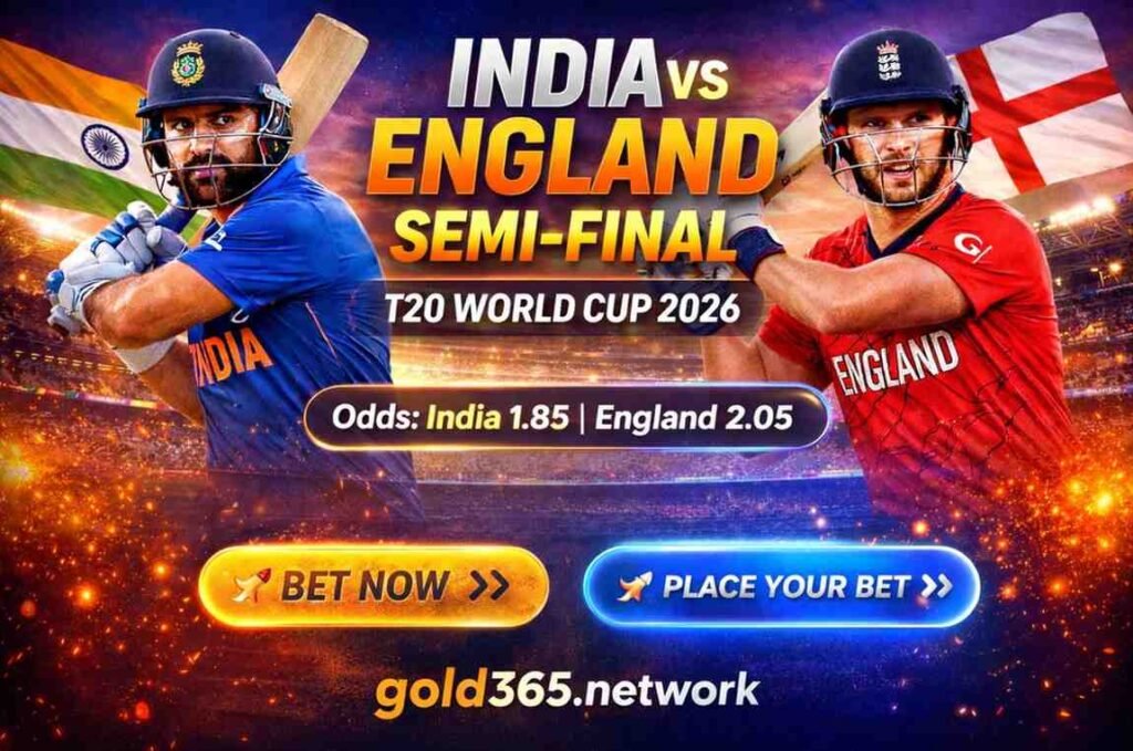 India vs England Semi-Final T20 World Cup 2026 promotional banner showing two batsmen with national flags in the background, betting odds displayed as India 1.85 and England 2.05, call-to-action buttons “Bet Now” and “Place Your Bet,” and domain name gold365.network at the bottom.