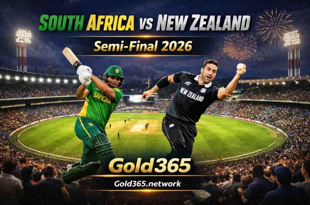 South Africa vs New Zealand Semi-Final 2026 at Eden Gardens – Gold365.network match prediction banner