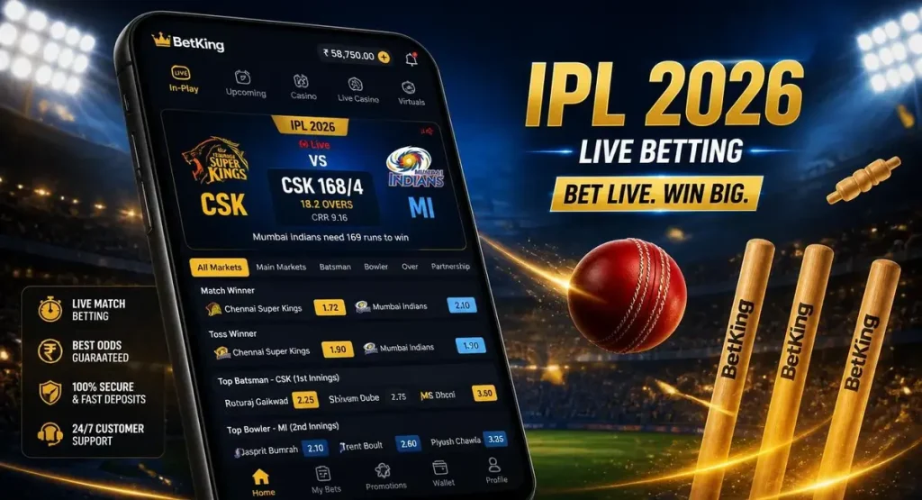 IPL 2026 betting guide dashboard showing live cricket odds on mobile with stadium background