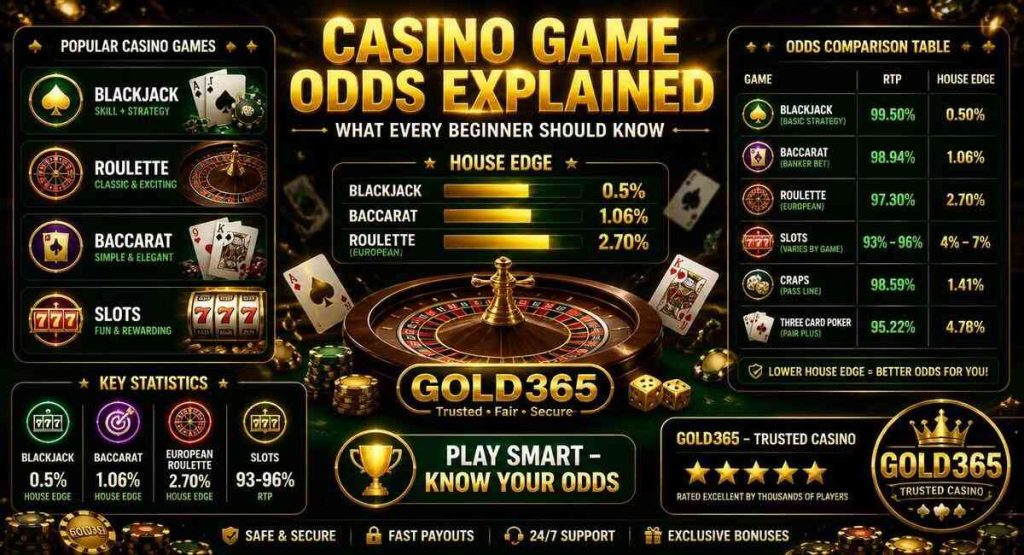 Gold365 casino game odds explained guide house edge RTP blackjack roulette baccarat slots